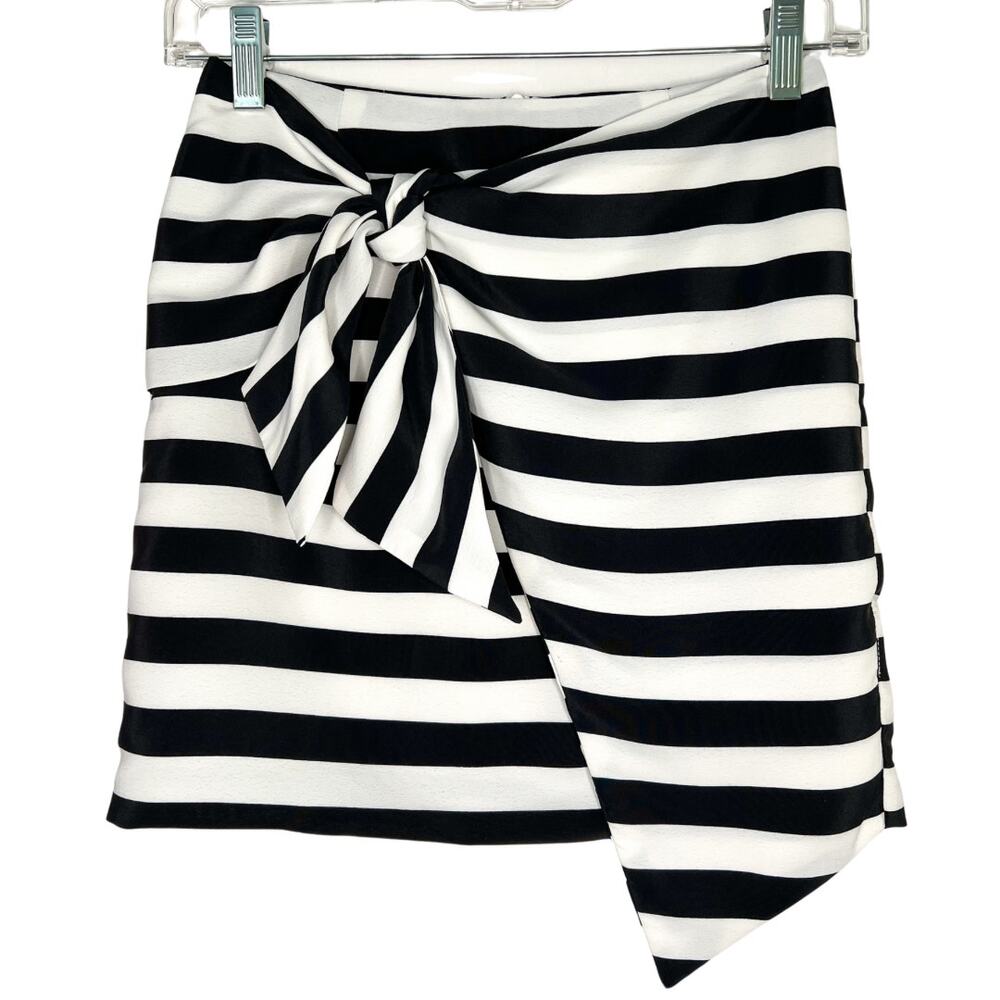 Black White Stripe Asymmetrical Hem Wrap Mini Skirt XXS